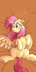 Size: 1181x2362 | Tagged: safe, artist:passigcamel, character:fluttershy, species:pegasus, species:pony, blushing, female, head turn, looking away, looking sideways, mare, on back, one wing out, shy, solo, spread legs, spreading, underhoof