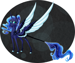 Size: 2400x2010 | Tagged: safe, artist:australian-senior, character:princess luna, species:alicorn, species:pony, abstract background, alternate universe, colored hooves, colored wings, female, goddess, kirindos, leonine tail, realistic horse legs, solo