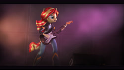 Size: 9600x5400 | Tagged: safe, artist:imafutureguitarhero, character:sunset shimmer, species:anthro, species:pony, species:unguligrade anthro, species:unicorn, 3d, absurd resolution, alternate hairstyle, amplifier, black bars, boots, cable, cheek fluff, chin fluff, clothing, detailed eyes, detailed hair, dress, ear fluff, ear piercing, earring, electric guitar, equestria girls outfit, female, fender stratocaster, film grain, fog, guitar, jacket, jeans, jewelry, leather jacket, light show, monitor, motion blur, musical instrument, neck fluff, nose wrinkle, open mouth, paintover, pants, piercing, playing instrument, ring, shoes, signature, smoke, solo, source filmmaker, stage, stratocaster, sunset shredder, sweat, wall of tags, wallpaper, widescreen, windswept hair, windswept mane, windswept tail