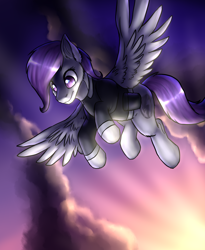 Size: 1594x1942 | Tagged: safe, artist:not-ordinary-pony, oc, oc only, oc:morning glory (project horizons), species:pegasus, species:pony, fallout equestria, fallout equestria: project horizons, clothing, female, flying, mare, solo, sunrise