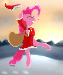 Size: 1637x1927 | Tagged: safe, artist:cheshiresdesires, character:pinkie pie, species:pony, clothing, hat, santa costume, santa hat, snow, winter