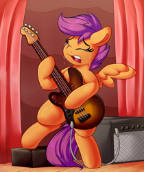 Size: 3000x3568 | Tagged: safe, artist:graphene, character:scootaloo, species:pegasus, species:pony, amplifier, bass guitar, commission, crying, curtains, female, hoof hold, left hand, musical instrument, sad, scootabass, solo, stage
