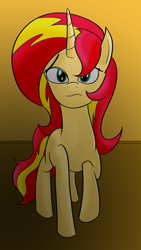 Size: 1800x3200 | Tagged: safe, artist:diaperednight, character:sunset shimmer, species:pony, species:unicorn, female, looking at you, mare, raised hoof, sad, sad face, solo, story included, walking