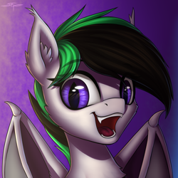 Size: 3000x3000 | Tagged: safe, artist:setharu, oc, oc only, oc:night wing, species:bat pony, species:pony, bat pony oc, bust, commission, ear fluff, fangs, female, open mouth, portrait, signature, smiling, solo