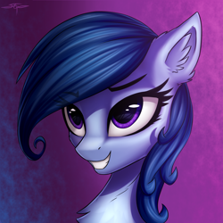 Size: 3000x3000 | Tagged: safe, artist:setharu, oc, oc only, oc:raylanda, species:earth pony, species:pony, blue hair, blue mane, bust, commission, ear fluff, eyes open, female, high res, mare, portrait, smiling, solo