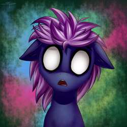 Size: 3000x3000 | Tagged: safe, artist:setharu, oc, oc only, species:pony, abstract background, blank eyes, bust, cheek fluff, ear fluff, female, floppy ears, looking at you, mare, open mouth, sitting, solo, white eyes, wide eyes