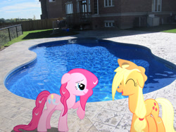 Size: 1024x768 | Tagged: safe, artist:hachaosagent, artist:kittyhawk-contrail, artist:spittiepie, character:applejack, character:pinkie pie, applejack's hat, clothing, cowboy hat, hat, irl, photo, ponies in real life, swimming pool, vector, wet mane