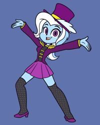 Size: 2800x3500 | Tagged: safe, artist:khuzang, character:trixie, episode:street magic with trixie, g4, my little pony: equestria girls, my little pony:equestria girls, spoiler:eqg series (season 2), animatic, blue background, clothing, commission, cute, diatrixes, female, hat, high heels, leggings, pleated skirt, pony history, shoes, simple background, skirt, socks, solo, stockings, storyboard, street magic, thigh highs, top hat