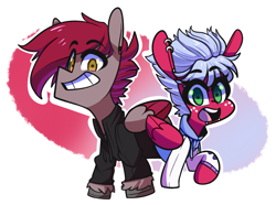 Size: 1930x1435 | Tagged: safe, artist:sourspot, oc, oc only, oc:melon frost, oc:velvet quill, species:hippogriff, species:pegasus, species:pony, clothing, cute, ear piercing, earring, female, freckles, hoodie, icon, jacket, jewelry, male, mare, piercing, smiling, stallion