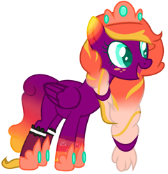 Size: 1028x1068 | Tagged: safe, artist:razorbladetheunicron, base used, oc, oc only, oc:sunset delight, species:pegasus, species:pony, braid, clothing, commission, crown, gradient hair, gradient hooves, hairband, happy, jewelry, jewels, leaning forward, open mouth, regalia, shoes, simple background, smiling, socks, solo, white background
