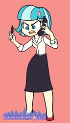 Size: 585x1024 | Tagged: safe, artist:khuzang, character:coco pommel, my little pony:equestria girls, alternate universe, angry, clothing, equestria girls-ified, equestrian city, high heels, pen, phone, shirt, shoes, skirt