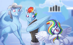 Size: 1280x793 | Tagged: safe, artist:vindhov, character:rainbow dash, oc, oc:haywire, oc:silver lining (vindhov), parent:discord, parent:rainbow dash, parents:discodash, parents:windash, species:pegasus, species:pony, bags under eyes, bomber jacket, butt, clothing, disguise, female, fleece jacket, fluffy, half-siblings, interspecies offspring, irrational exuberance, jacket, mare, mother and daughter, offspring, older, plot, smiling, trio