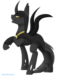 Size: 638x800 | Tagged: safe, artist:melodytheartpony, oc, oc only, oc:flavis, species:changeling, changeling oc, cloak, clothing, commission, male, raised hoof, simple background, solo, transparent background, yellow changeling