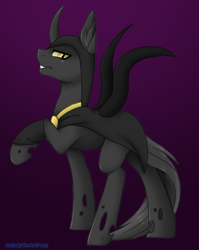 Size: 638x800 | Tagged: safe, artist:melodytheartpony, oc, oc only, oc:flavis, species:changeling, changeling oc, cloak, clothing, commission, gradient background, solo, yellow changeling