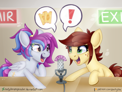 Size: 7318x5554 | Tagged: safe, artist:partylikeanartist, oc, oc only, oc:aerial soundwaves, oc:canni soda, species:pegasus, species:pony, 2018, absurd resolution, announcement, cute, deviantart logo, dialogue, female, freckles, galacon, galacon 2018, golden ticket, heart eyes, mascot, microphone, on air, open mouth, patreon, patreon logo, ponytail, ponyvillefm, radio, shameless advertising, speech bubble, starry eyes, studio, surprised, tickets, watermark, wingding eyes