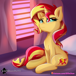 Size: 3000x3000 | Tagged: safe, artist:eifiechan, character:sunset shimmer, species:pony, species:unicorn, bed, female, grumpy, mare, morning ponies, patreon, patreon logo, signature, solo