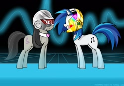 Size: 1280x886 | Tagged: safe, artist:frankier77, character:dj pon-3, character:octavia melody, character:vinyl scratch, species:earth pony, species:pony, species:unicorn, abstract background, daft punk, duo, duo female, female, helmet, mare, wallpaper