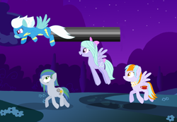 Size: 2448x1692 | Tagged: safe, artist:razorbladetheunicron, base used, character:fleetfoot, character:flitter, oc, oc:citrus surprise, oc:smokey whistle, parent:flitter, parent:limestone pie, parent:soarin', parent:thunderlane, parents:flitterlane, parents:limin', species:earth pony, species:pegasus, species:pony, lateverse, alternate universe, bow, clothing, cutie mark, group, night, night sky, offspring, scarf, sky, stars, wonderbolts