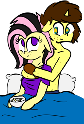 Size: 3057x4500 | Tagged: safe, artist:binary6, character:fluttershy, oc, oc only, oc:happy wigglesworth, oc:kimoshy, species:anthro, species:pony, species:unicorn, bed, breakfast, breasts, cute, emoshy, female, freckles, hug, love, male, size difference, straight