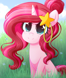 Size: 3375x3974 | Tagged: safe, artist:fluffymaiden, oc, oc only, oc:neophyte, species:pony, species:unicorn, cute, female, grass, heart eyes, mare, sitting, smiling, solo, wingding eyes