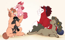 Size: 1280x795 | Tagged: safe, artist:vindhov, oc, oc:charcoal, oc:parfait, oc:perfectly peachy pie, oc:red velvet, oc:sulphur pie, parent:pinkie pie, parent:trouble shoes, parents:trouble pie, species:earth pony, species:pony, species:unicorn, family, female, filly, foal, mare, offspring, pregnant, sisters, socks (coat marking)
