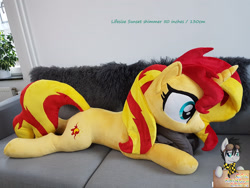 Size: 2852x2148 | Tagged: safe, artist:epicrainbowcrafts, character:sunset shimmer, species:pony, high res, irl, life size, photo, plushie, prone, solo
