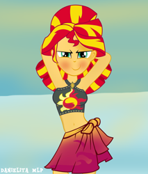 Size: 1024x1201 | Tagged: safe, artist:danielitamlp, character:sunset shimmer, equestria girls:forgotten friendship, g4, my little pony: equestria girls, my little pony:equestria girls, arm behind head, armpits, beach, belly button, bikini, blushing, breasts, clothing, cute, dancing, female, looking at you, midriff, sarong, skirt, solo, summer sunset, swimsuit