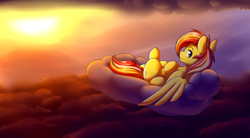 Size: 4000x2213 | Tagged: safe, artist:graphene, oc, oc only, oc:ace, species:pony, cloud, commission, looking at you, male, on back, scenery, solo, spread wings, stallion, sunset, wings