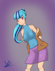 Size: 1935x2501 | Tagged: safe, artist:wolfy-pony, character:sonata dusk, species:human, arm behind back, bare shoulders, breasts, clothing, colored pupils, cute, female, gradient background, humanized, looking at you, ponytail, skirt, smiling, solo