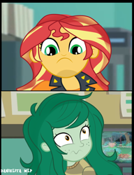 Size: 1516x1976 | Tagged: safe, artist:danielitamlp, character:sunset shimmer, character:wallflower blush, equestria girls:forgotten friendship, g4, my little pony: equestria girls, my little pony:equestria girls, 2 panel comic, comic, computer, duo, duo female, female, frown, looking at each other, low angle, meme, parody, show accurate, stare, the simpsons, wavy mouth, wide eyes