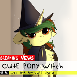 Size: 5024x5024 | Tagged: safe, artist:kebchach, oc, oc only, oc:northern spring, species:pony, species:unicorn, absurd resolution, break your own news, breaking news, chest fluff, clothing, cute, female, floppy ears, freckles, hat, news, robe, simple background, solo, sparkly eyes, witch hat