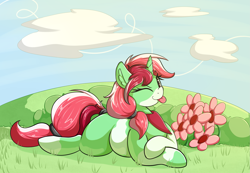 Size: 2779x1928 | Tagged: safe, artist:graphene, oc, oc only, oc:clover, species:pony, species:unicorn, female, flower, grass, lying down, mare, one eye closed, solo, tongue out