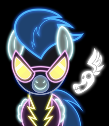 Size: 3667x4243 | Tagged: safe, artist:zantyarz, character:nightshade, black background, clothing, costume, cutie mark background, goggles, neon, shadowbolts, shadowbolts costume, simple background