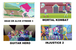 Size: 1024x670 | Tagged: safe, artist:brandonale, edit, edited screencap, screencap, character:applejack, character:bon bon, character:captain planet, character:flash sentry, character:fluttershy, character:lyra heartstrings, character:octavia melody, character:paisley, character:pinkie pie, character:rainbow dash, character:rarity, character:sunset shimmer, character:sweetie drops, character:twilight sparkle, character:twilight sparkle (scitwi), species:eqg human, episode:all's fair in love & friendship games, episode:super squad goals, equestria girls:forgotten friendship, equestria girls:legend of everfree, g4, my little pony: equestria girls, my little pony:equestria girls, crystal guardian, dead or alive, guitar hero, humane five, humane seven, humane six, image macro, injustice 2, meme, mortal kombat, rhythm game, valhallen