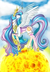 Size: 1280x1841 | Tagged: safe, artist:siberwar, character:princess celestia, species:alicorn, species:pony, clothing, corset, female, high heels, horn jewelry, jewelry, lingerie, necklace, shoes, solo, stockings, sun, tangible heavenly object