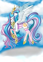 Size: 1280x1841 | Tagged: safe, artist:siberwar, edit, character:princess celestia, species:alicorn, species:pony, clothing, cloud, cloudy, corset, female, flying, horn jewelry, jewelry, lingerie, solo, stockings, thigh highs