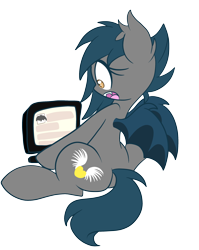 Size: 2000x2517 | Tagged: safe, artist:starlightlore, oc, oc only, oc:speck, species:bat pony, computer, gasping, simple background, solo, transparent background