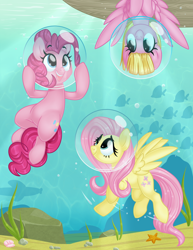 Size: 5100x6600 | Tagged: safe, artist:kellythedrawinguni, character:fluttershy, character:meadow flower, character:pinkie pie, species:pegasus, species:pony, absurd resolution, air helmets, andrea libman, bubble helmet, bubble on head, everfree northwest, fish, ponified, underwater, voice actor joke