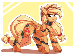 Size: 3500x2592 | Tagged: safe, artist:graphene, character:applejack, species:earth pony, species:pony, abstract background, applebot, applejack's hat, clothing, cowboy hat, cutie mark, female, hat, hooves, looking at you, mare, robot, robot pony, roboticization, smiling, solo