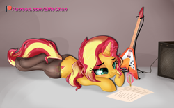 Size: 4000x2500 | Tagged: safe, artist:eifiechan, character:sunset shimmer, species:pony, species:unicorn, g4, clothing, cute, electric guitar, eye clipping through hair, eyebrows, eyebrows visible through hair, female, gibson flying v, glowing horn, guitar, guitar amp, lying down, magic, magic aura, mare, pantyhose, patreon, patreon logo, pencil, prone, shimmerbetes, smiling, solo, stockings, telekinesis, thigh highs, writing
