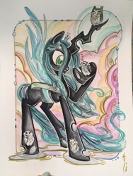 Size: 1536x2048 | Tagged: safe, artist:sararichard, character:queen chrysalis, species:changeling, species:owl, changeling queen, female, solo, traditional art