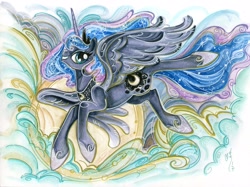 Size: 3568x2668 | Tagged: safe, artist:sararichard, character:princess luna, species:alicorn, species:pony, crown, female, flying, jewelry, looking at you, mare, regalia, traditional art, watercolor painting