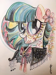 Size: 1536x2048 | Tagged: safe, artist:sararichard, character:coco pommel, species:pony, bow tie, dia de los muertos, female, flower, looking at you, makeup, mare, solo, traditional art
