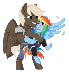 Size: 1201x1266 | Tagged: safe, artist:dbkit, character:dumbbell, character:rainbow dash, species:anthro, species:pegasus, species:pony, species:unguligrade anthro, ship:dumbdash, blushing, feather, female, hug, looking at each other, male, one eye closed, open mouth, shipping, simple background, smiling, smirk, spread wings, straight, transparent background, underhoof, wings