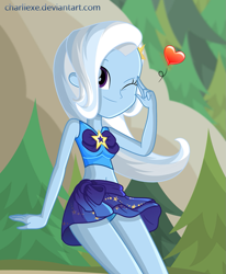 Size: 1003x1219 | Tagged: safe, artist:charliexe, character:trixie, equestria girls:forgotten friendship, g4, my little pony: equestria girls, my little pony:equestria girls, adorasexy, beach, belly button, blue swimsuit, bow swimsuit, breasts, clothing, cute, diatrixes, female, heart, midriff, moe, one eye closed, pose, sarong, sexy, skirt, skirt lift, solo, swimsuit, upskirt, wink