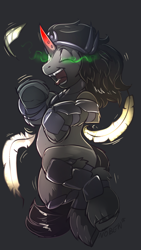 Size: 1080x1920 | Tagged: safe, artist:noben, character:king sombra, curled up, feather, horn, laughing, magic, male, on back, tickling