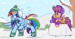 Size: 2800x1461 | Tagged: safe, artist:graphene, character:rainbow dash, character:scootaloo, species:pegasus, species:pony, clothing, cute, cutealoo, dashabetes, earmuffs, hat, mittens, scarf, scootalove, smiling, snow, snowball, snowball fight, winter