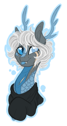 Size: 849x1600 | Tagged: safe, artist:australian-senior, oc, oc only, oc:wheatley invictus, species:alicorn, species:dracony, species:kirin, species:pony, alternate universe, antlers, blep, blind eye, blue eyes, blue tongue, clothing, colored sclera, eye scar, hybrid, kirindos, scar, silly, simple background, solo, sweater, tongue out, transparent background