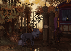Size: 2200x1600 | Tagged: safe, artist:celestiawept, character:trixie, species:pony, species:unicorn, autumn, female, fence, gate, mare, painting, pentagram, sign, solo, tree, trixie's wagon