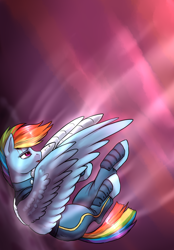 Size: 1812x2600 | Tagged: safe, artist:not-ordinary-pony, character:rainbow dash, species:pony, alternate timeline, amputee, apocalypse dash, augmented, bodysuit, clothing, combat armor, crystal war timeline, falling, female, mare, prosthetic limb, prosthetic wing, prosthetics, sad, solo